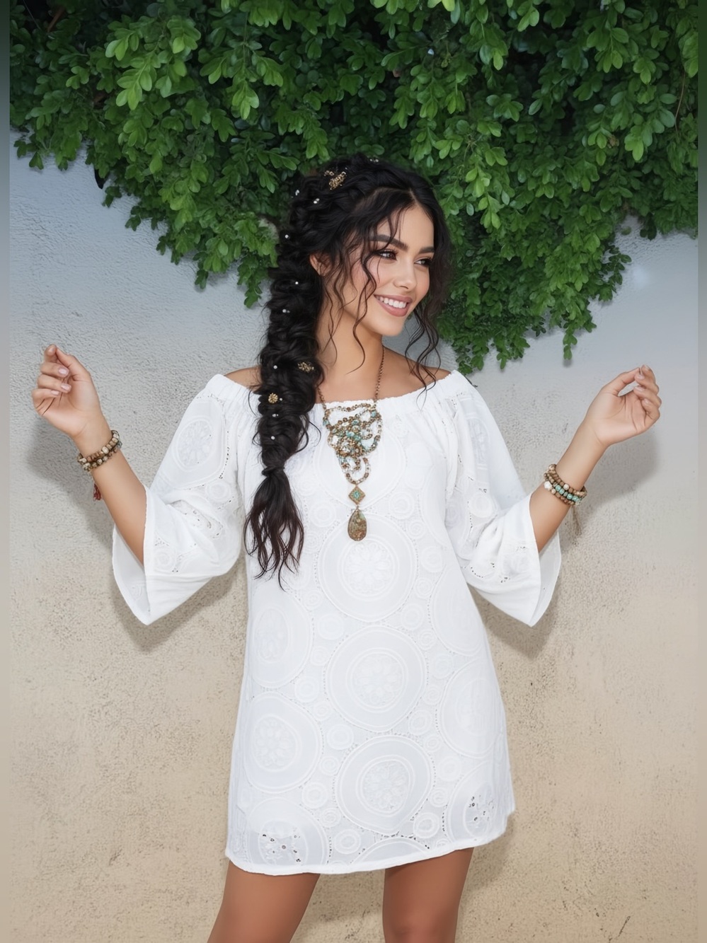 WinWin White Off-Shoulder Eyelet Tunic